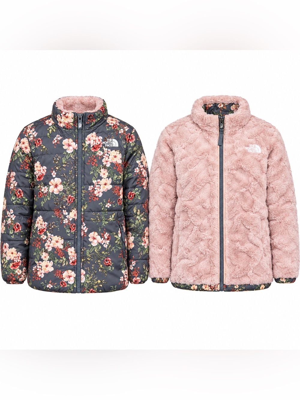 The North Face Girls Reversible Floral Puffer & Pink Faux Fur Jacket